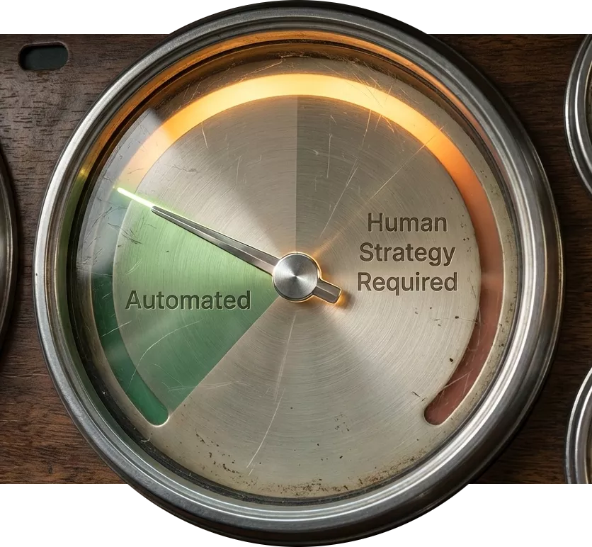 A visualized gauge or speedometer needle pointing towards Automated/Easy (Green zone) but close to a Human Oversight Required zone to the right. It represents the reduced technical barrier but increased strategic need of AI integration.