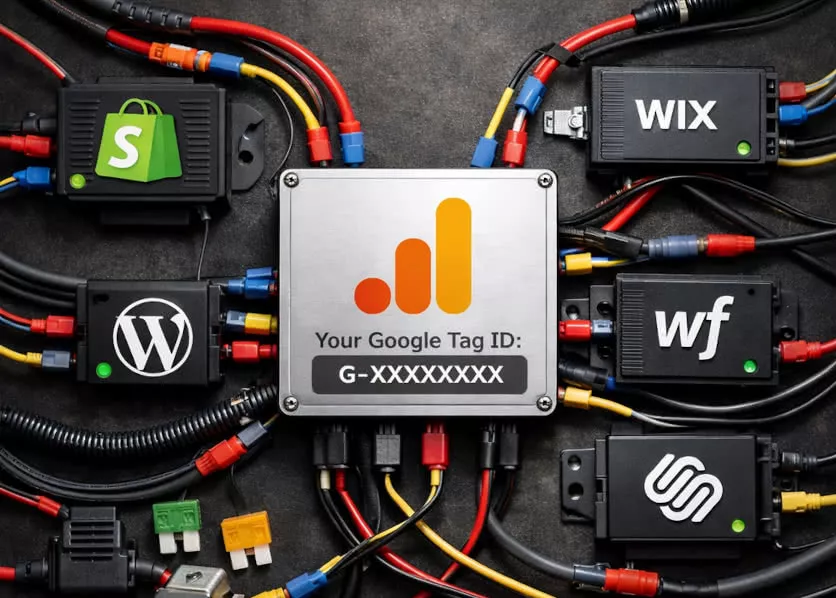 Illustration image showing a central Google Analytics logo connected by wires to modules for Shopify, WordPress, Wix, Webflow, and Squarespace.